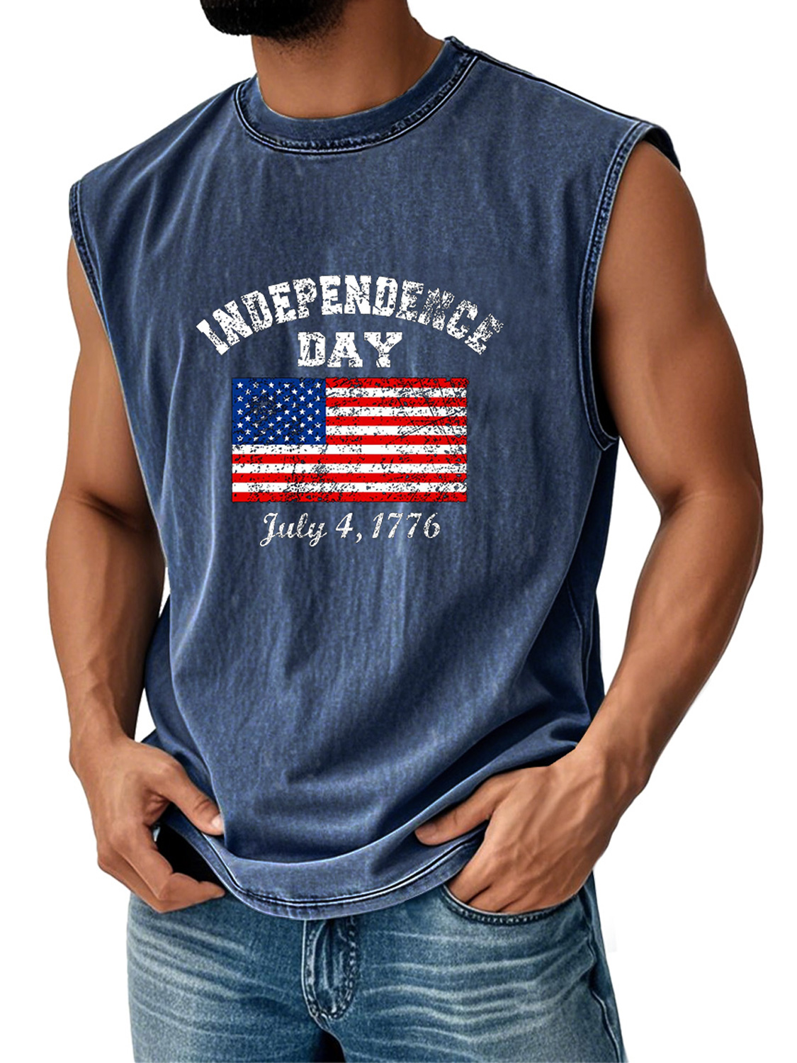 Men's Retro Everyday Independence Day Flag Print Casual Round Neck Sleeveless Vest