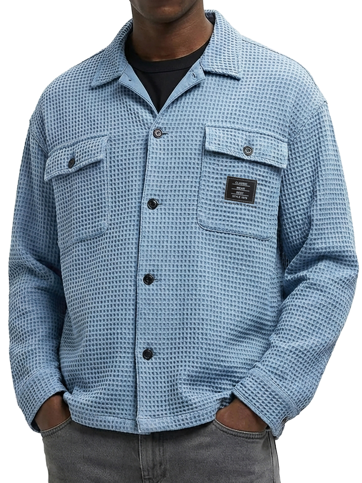 Men's Casual Waffle Fabric Double Pocket Long-Sleeve Shirt