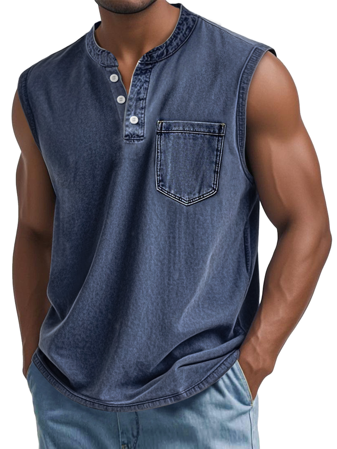Men's Vintage Washed Cotton Stand Collar Pocket Casual Sleeveless Henley Vest