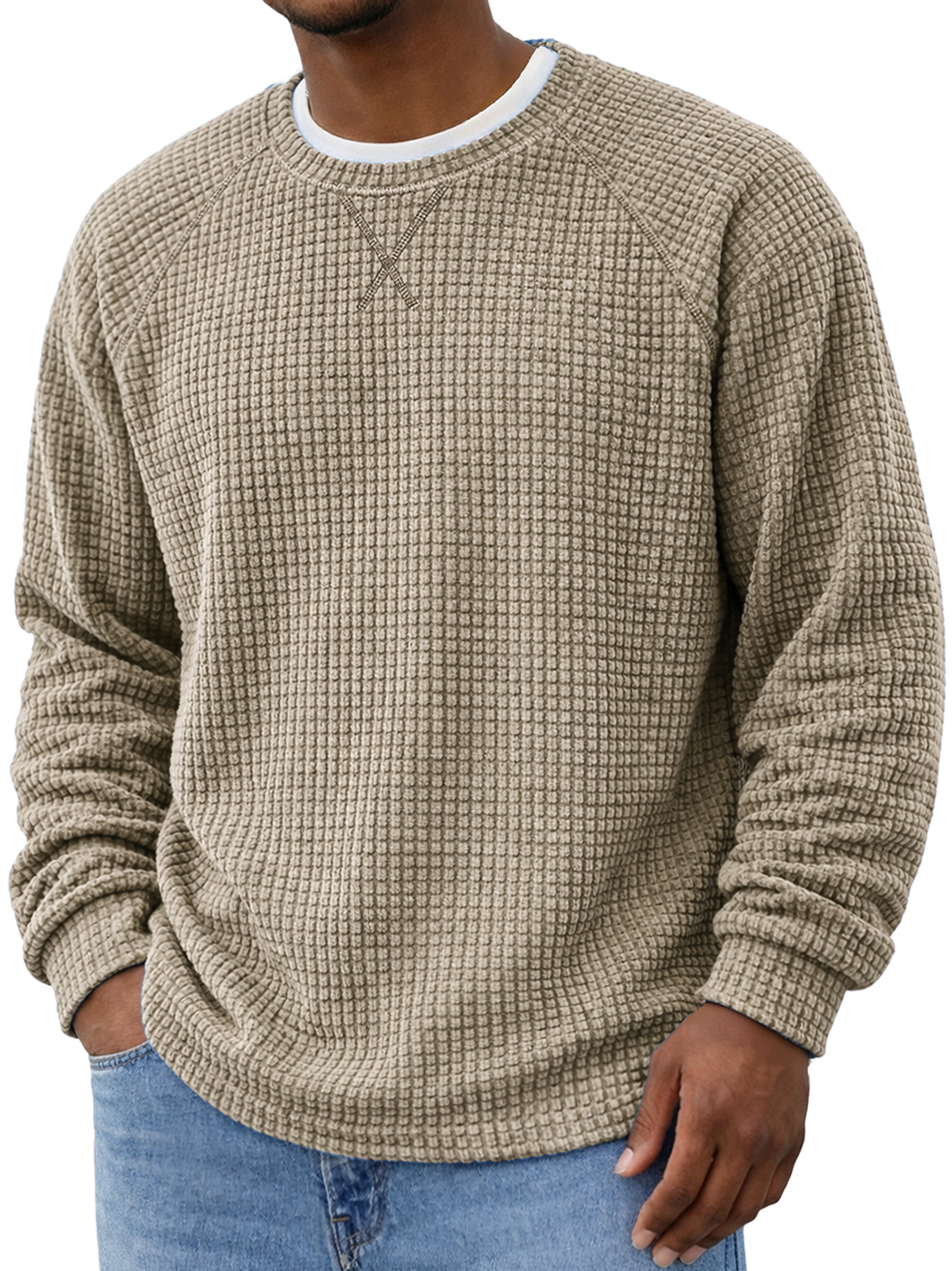 Men's Crew Neck Raglan Sleeve Corduroy Waffle Knit Long-sleeved T-shirt With Crossover Design