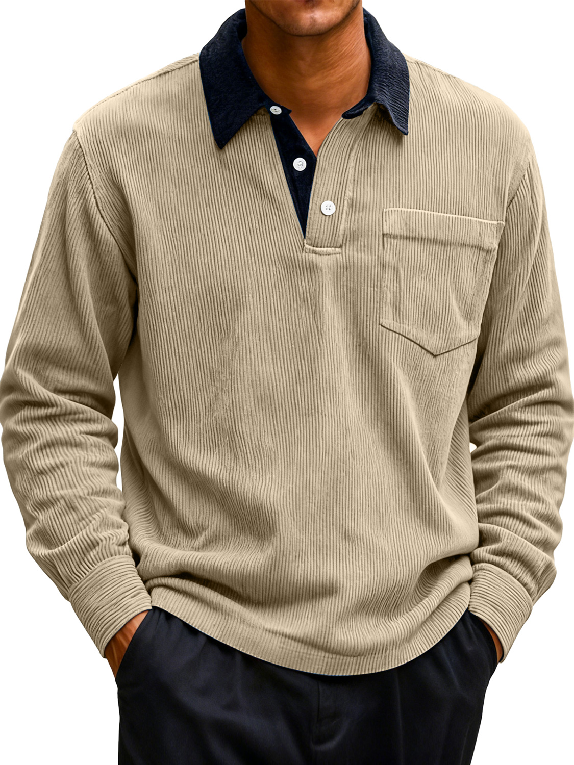 Men's Corduroy Lapel Stitching Casual Long-sleeved Polo Shirt