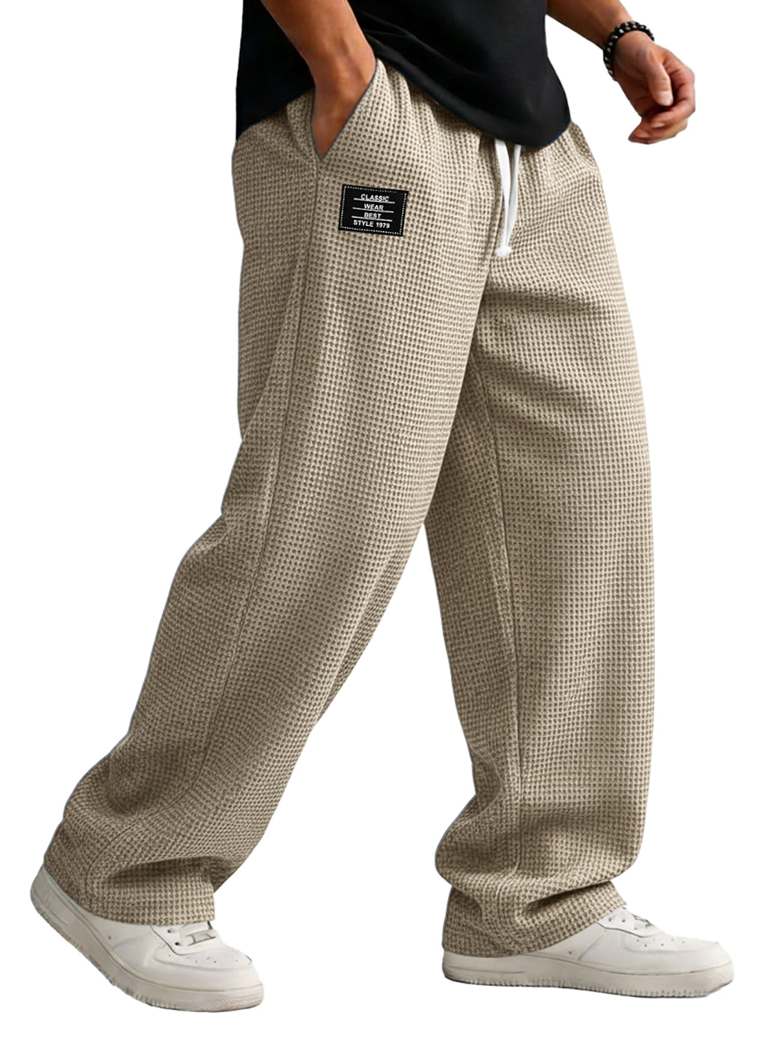 Men's Loose-fitting Waffle-knit Casual Trousers With Elastic Waistband And Embroidered Logo
