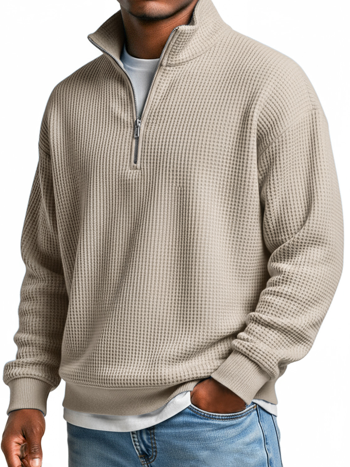 Men's Everyday Waffle Stand Collar Zipper Casual Long Sleeve T-shirt
