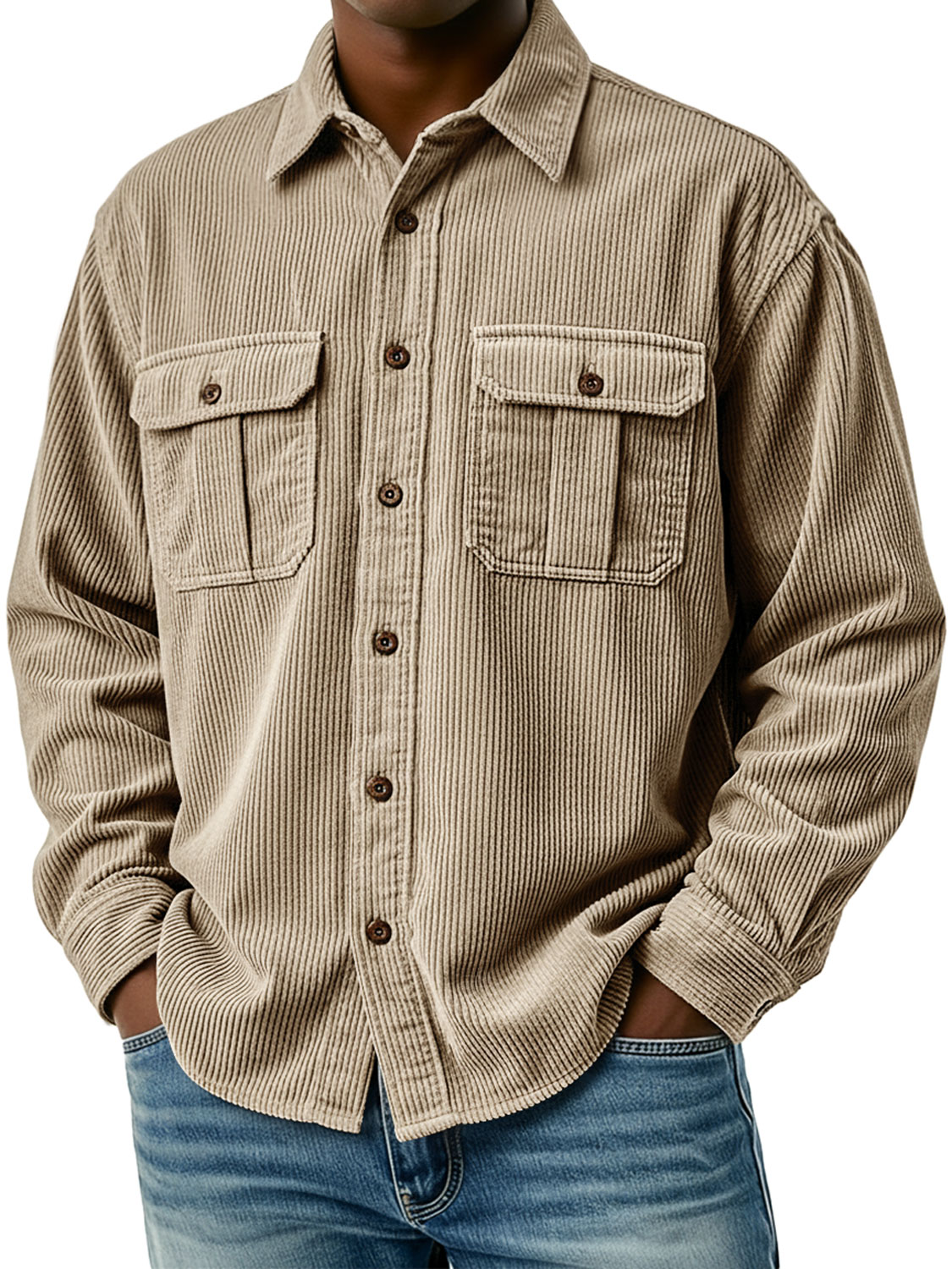 Men's Retro Corduroy Double Pocket Casual Long-Sleeve Work Shirt