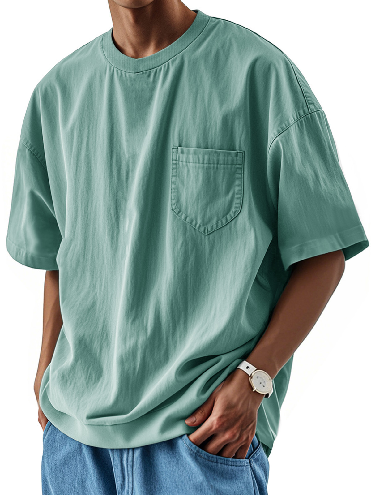 Men's Fashion Casual Retro Shirt Round Neck Pocket Short Sleeve T-Shirt