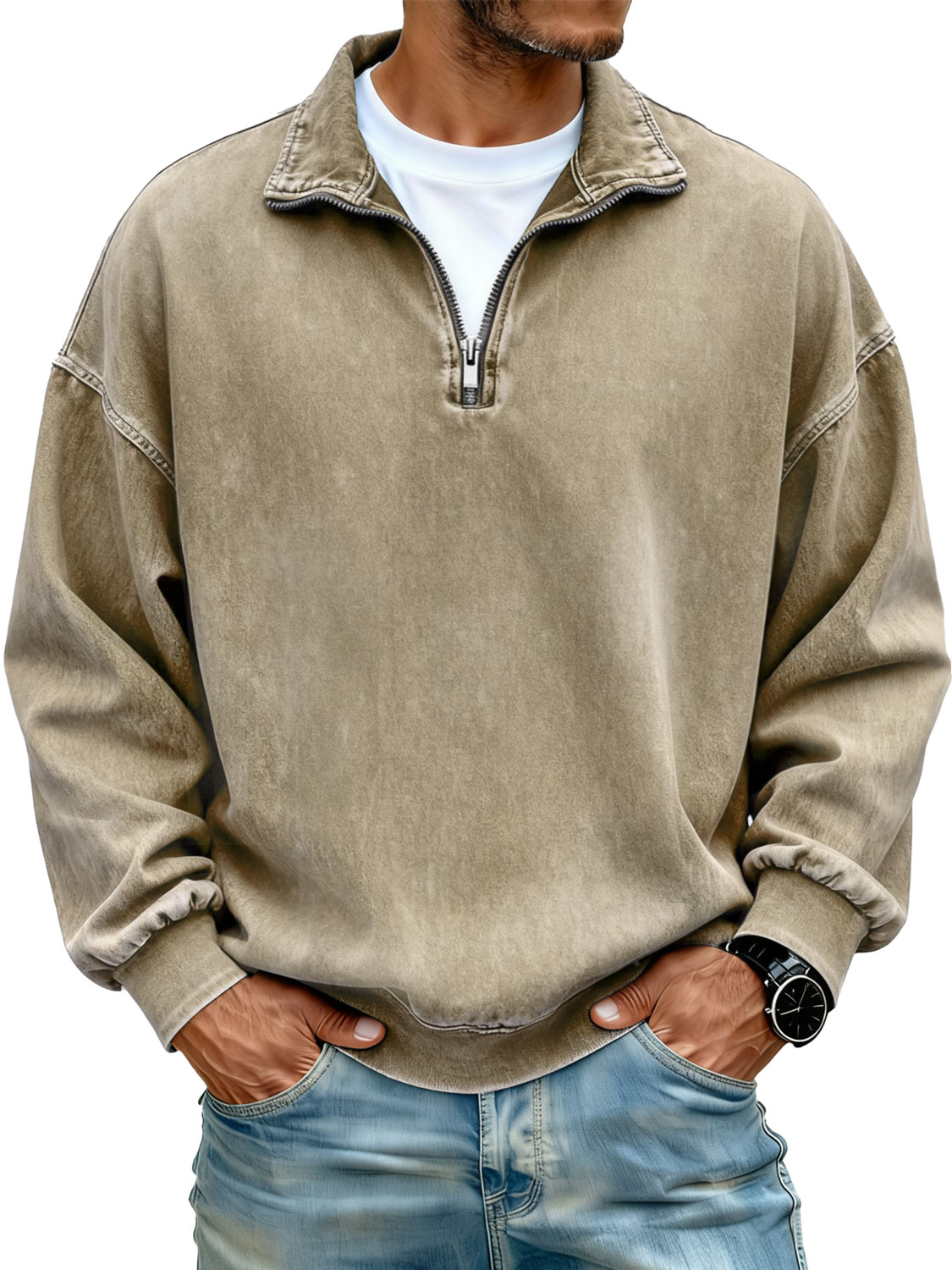 Men's Retro Stand Collar Zipper Casual Loose Sweatshirt