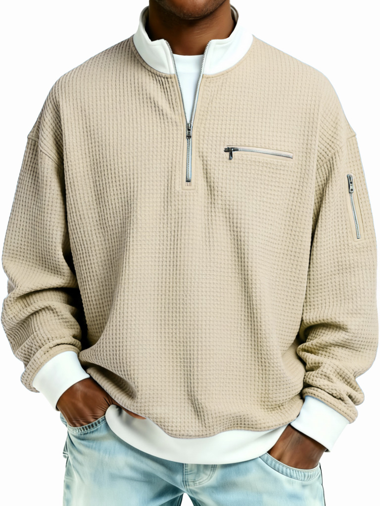 Men's Fashion Casual Patchwork Zipper Stand Collar Waffle Gown Long-Sleeve Top
