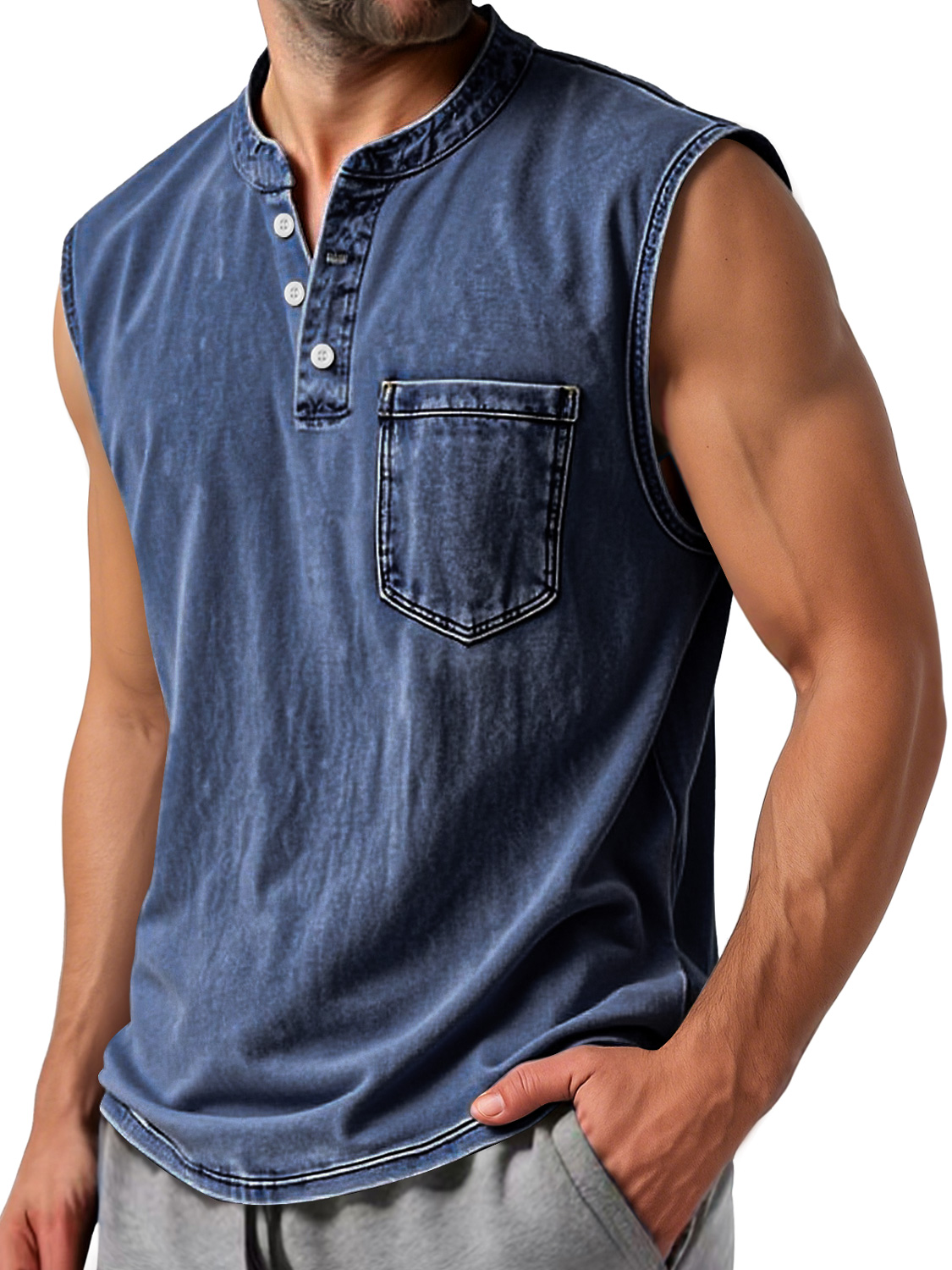 Men's Vintage Stand Collar Button Casual Comfort Sleeveless Henley Shirt