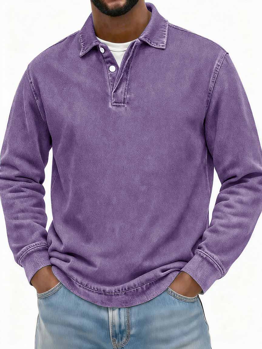 Men's Stylish Vintage Washed And Distressed Fabric Long-sleeved Polo Shirt With A Double-layer Placket And A Design Lapel 