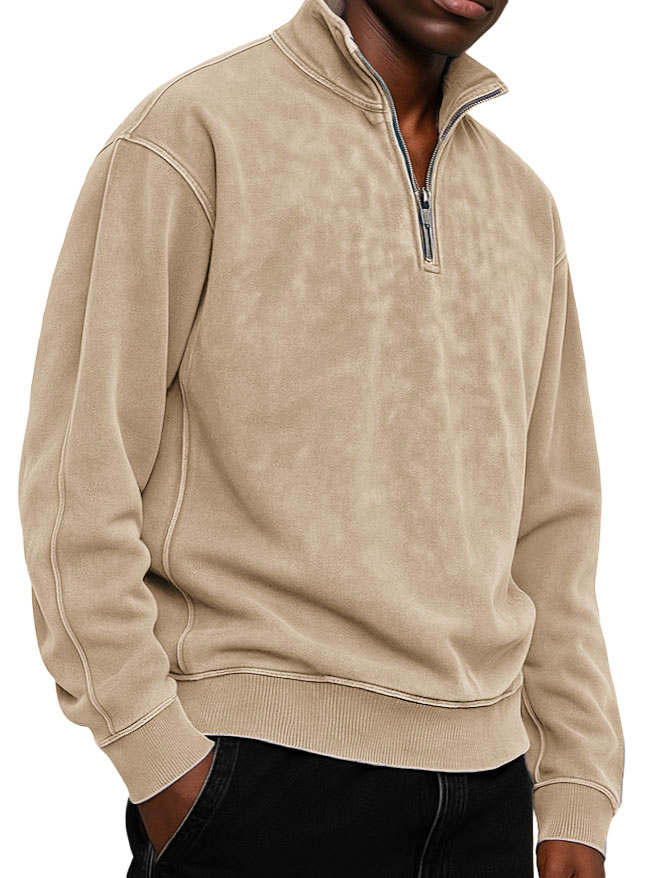 Men's Clothing Fashionable Casual Daily Stand-neck Suede Fabric Long-sleeved Zipper Hoodie