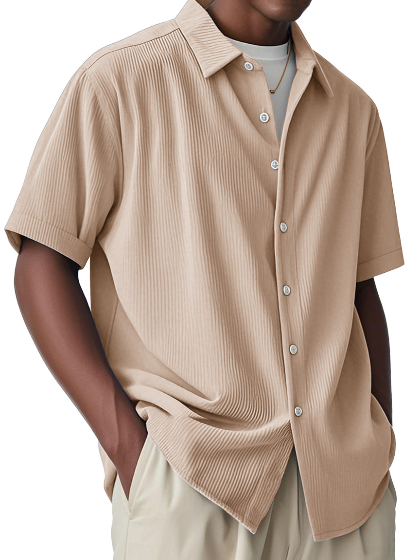 Men's Fashion Casual Striped Fabric Lapel Short-sleeved Shirt