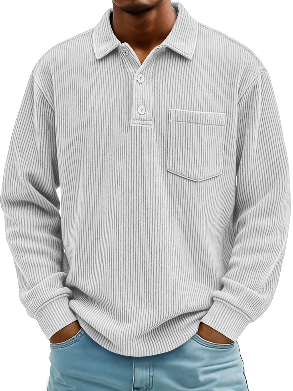 Men's Daily Ribbed Lapel Button-down Casual Pocket Long-sleeved Polo Shirt