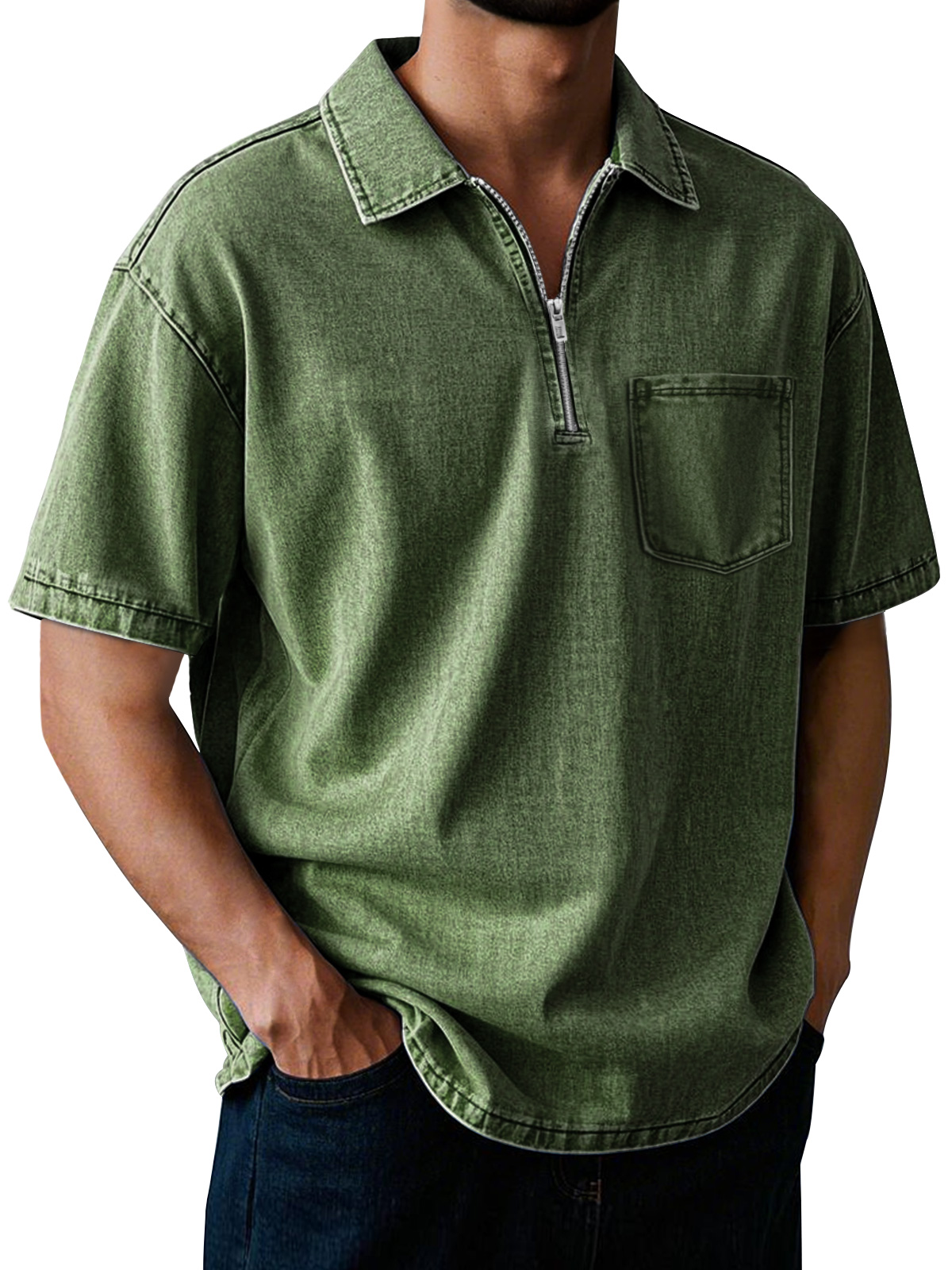 Men's Retro Lapel Zipper Pocket Casual Solid Color Short Sleeve POLO Shirt