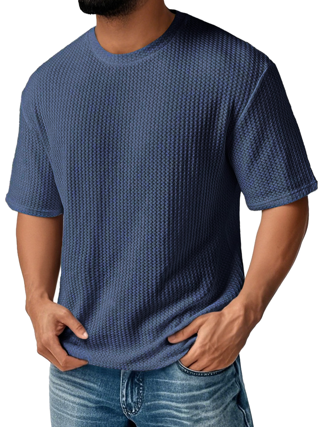 Men's Daily Round Neck Waffle Casual Solid Color Comfortable Short Sleeve T-shirt