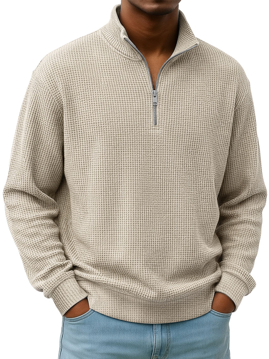 Simple Everyday Waffle Stand-up Collar Zipper Casual Long-sleeved T-shirt