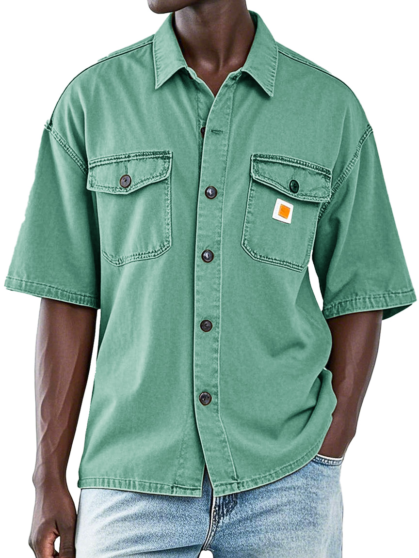Men's Retro Workwear Double Pocket Lapel Short-sleeved Shirt