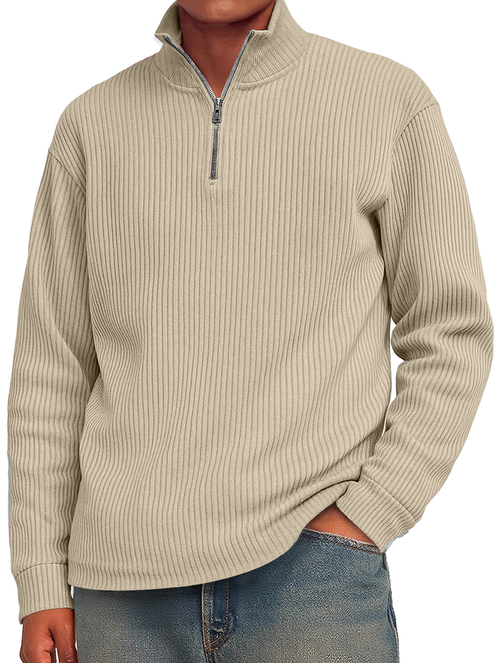 Men's Fashion Striped Stand Collar Zipper Casual Long Sleeve T-shirt