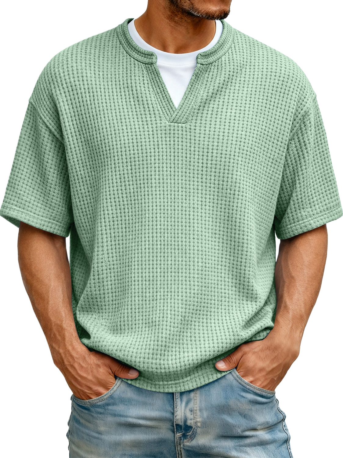 Men's Waffle-knit Two-piece Look Casual Solid Color Short-sleeved T-shirt