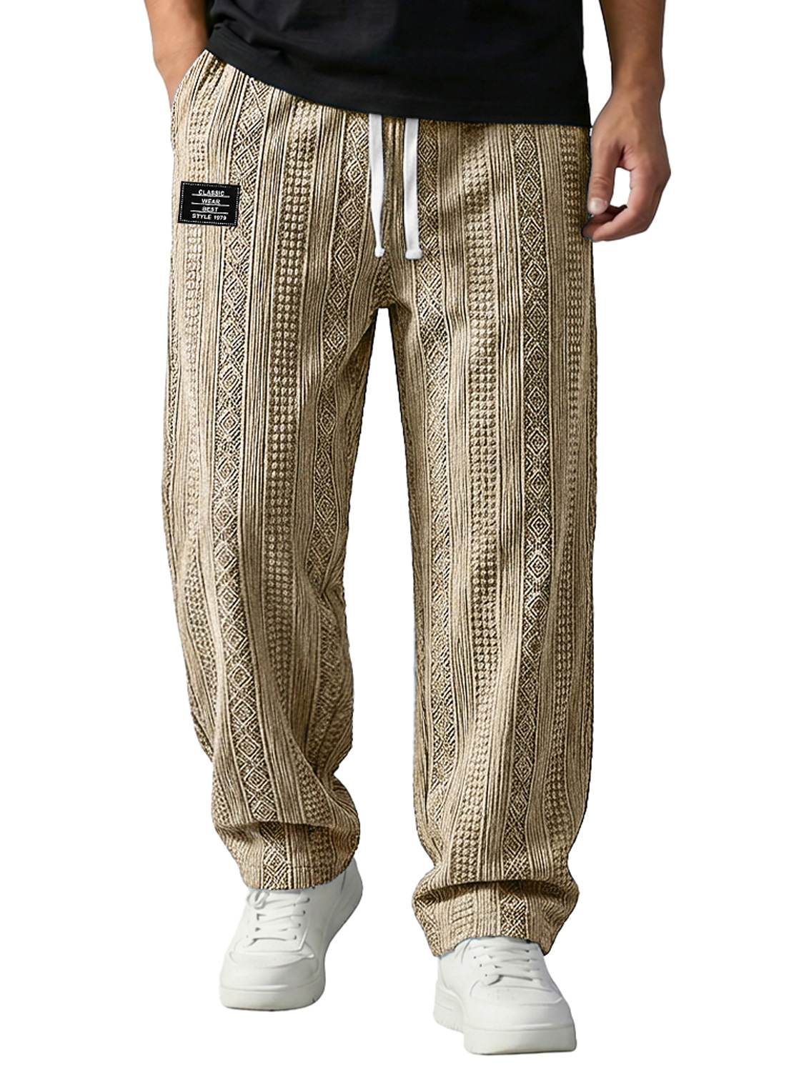 Men's Jacquard Textured Embroidered Logo Casual Loose-fitting Trousers With Elastic Waistband