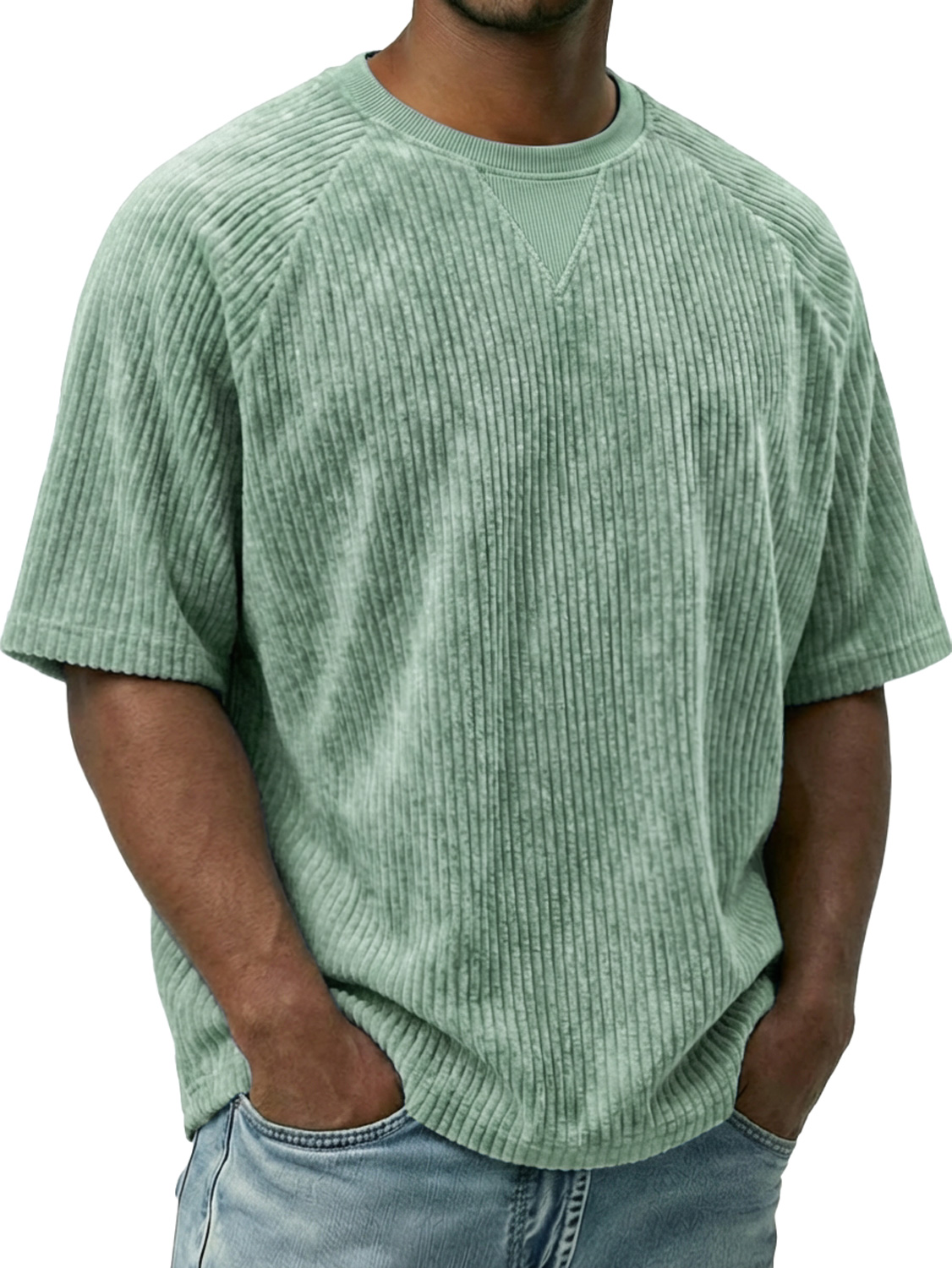 Men's Vintage Corduroy Crew Neck Short-sleeved T-shirt With Inverted Triangle Desi