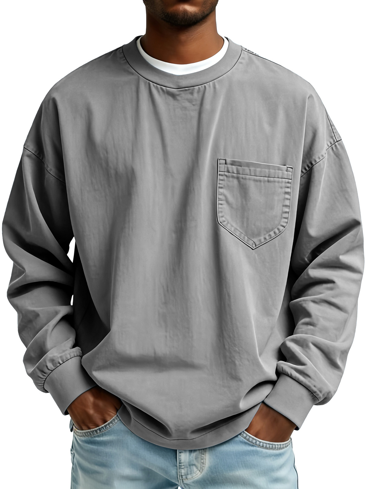 Men's Fashionable Retro Pleated Fabric Long-Sleeved Pocket Top