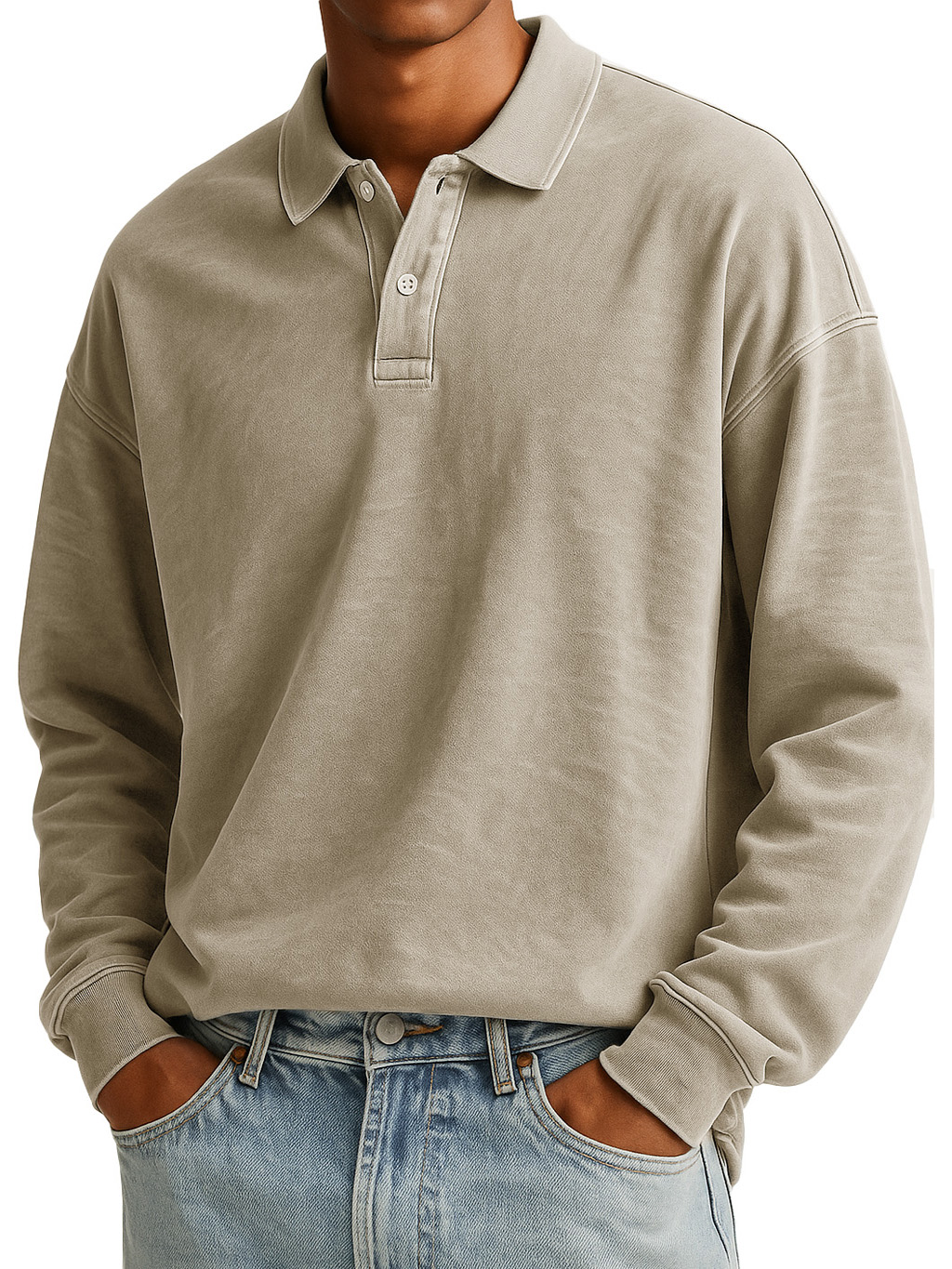  Men's Stylish Casual Padded Lapel Button-stitched Ribbed Long-sleeved Polo Shirt 