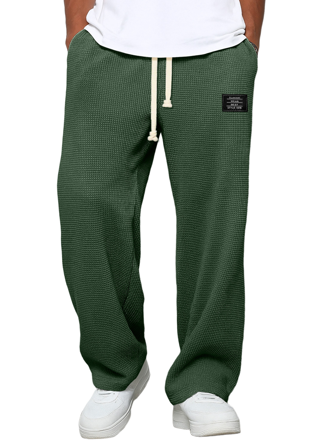 Men's Casual Waffle Embroidered Logo Simple Solid Color Trousers