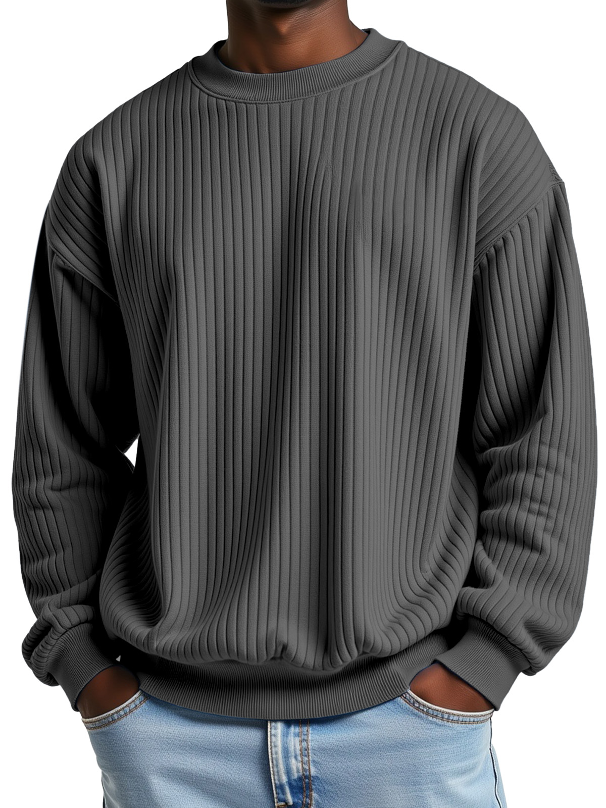 Men's Simple and Comfortable Ribbed Loose Crew Neck Sweatshirt