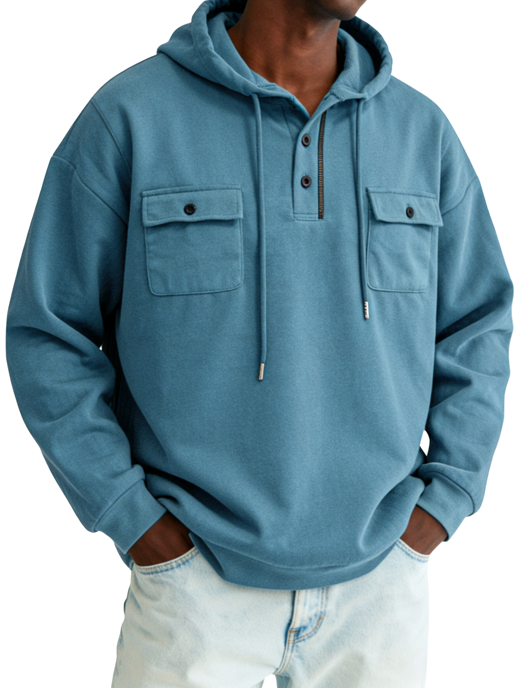Men's simple and comfortable cotton buttoned hooded long-sleeve top