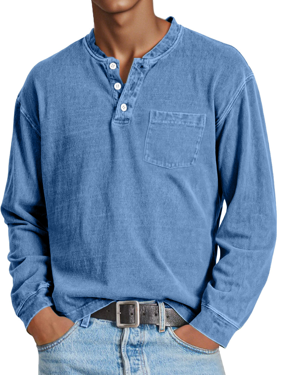 Men's Retro Casual Solid Color Long Sleeve Henley With Pockets