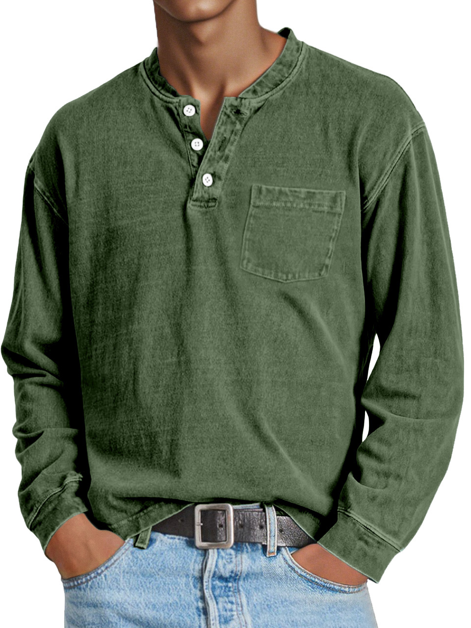 Men's Retro Casual Solid Color Long Sleeve Henley With Pockets