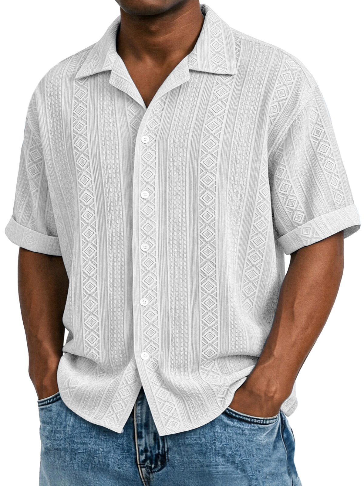 Men's Solid Color Casual Textured Lapel Short-Sleeve Shirt