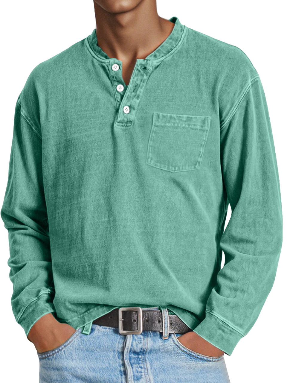 Men's Retro Casual Solid Color Long Sleeve Henley With Pockets