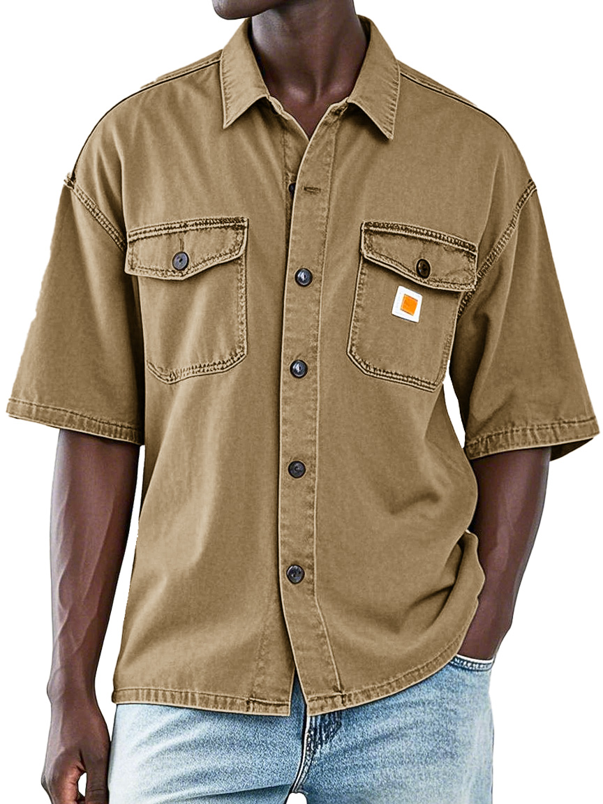 Men's Retro Workwear Double Pocket Lapel Short-sleeved Shirt