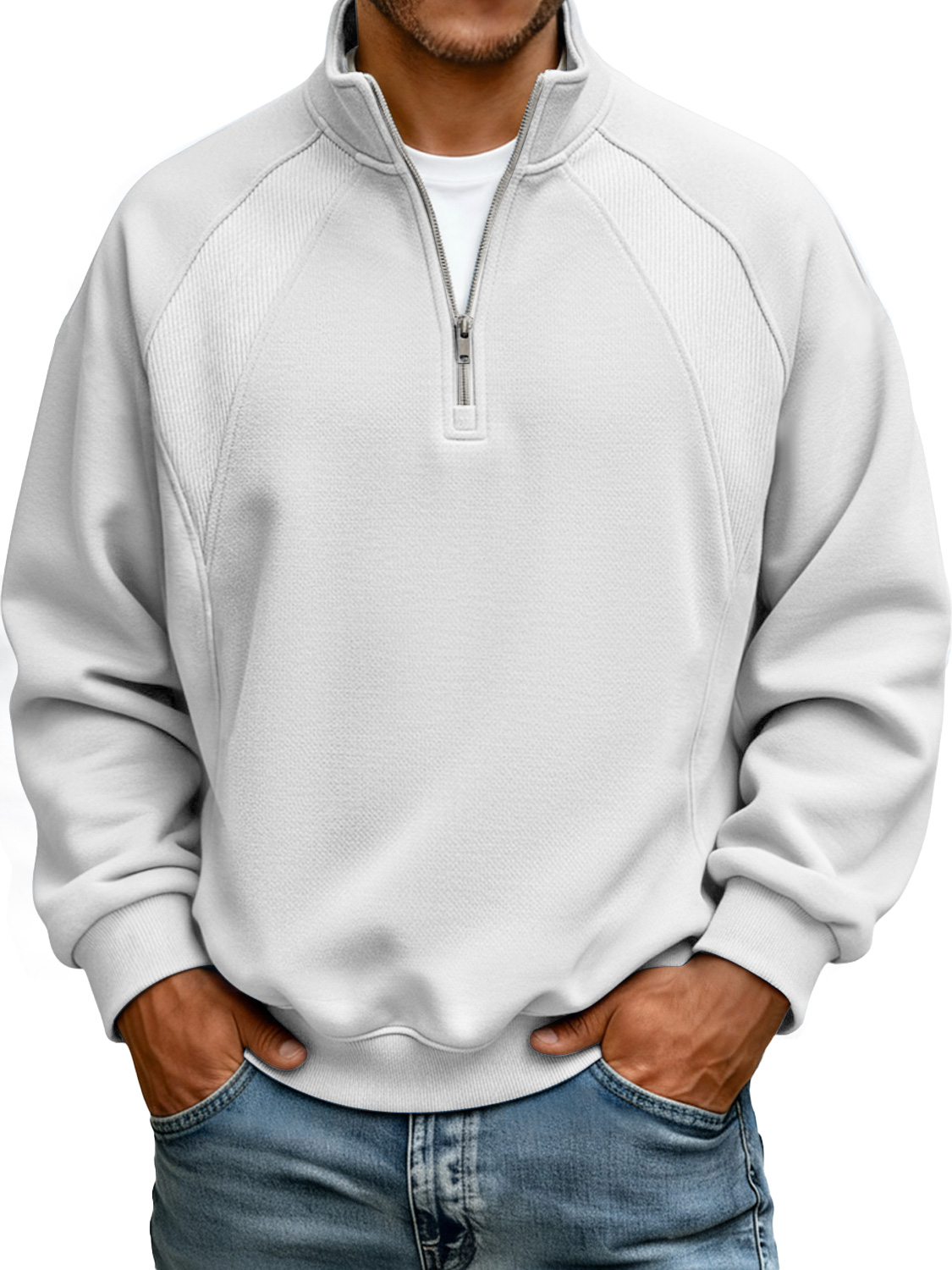 Men's Stand-up Collar Zippered Raglan Stitching Casual Sweatshirt