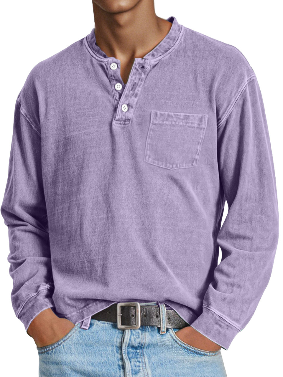 Men's Retro Casual Solid Color Long Sleeve Henley With Pockets