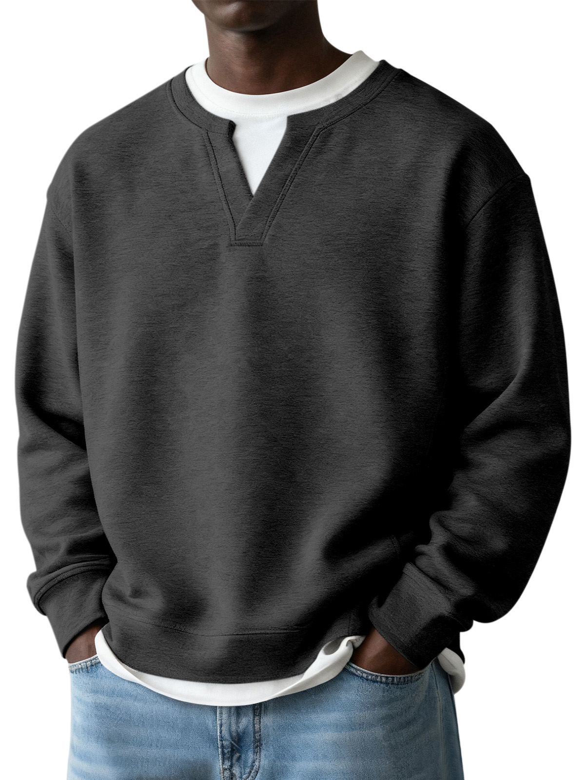 Men's Simple Casual Daily Solid Color Fake Two-piece Design Long-sleeved Sweatshirt