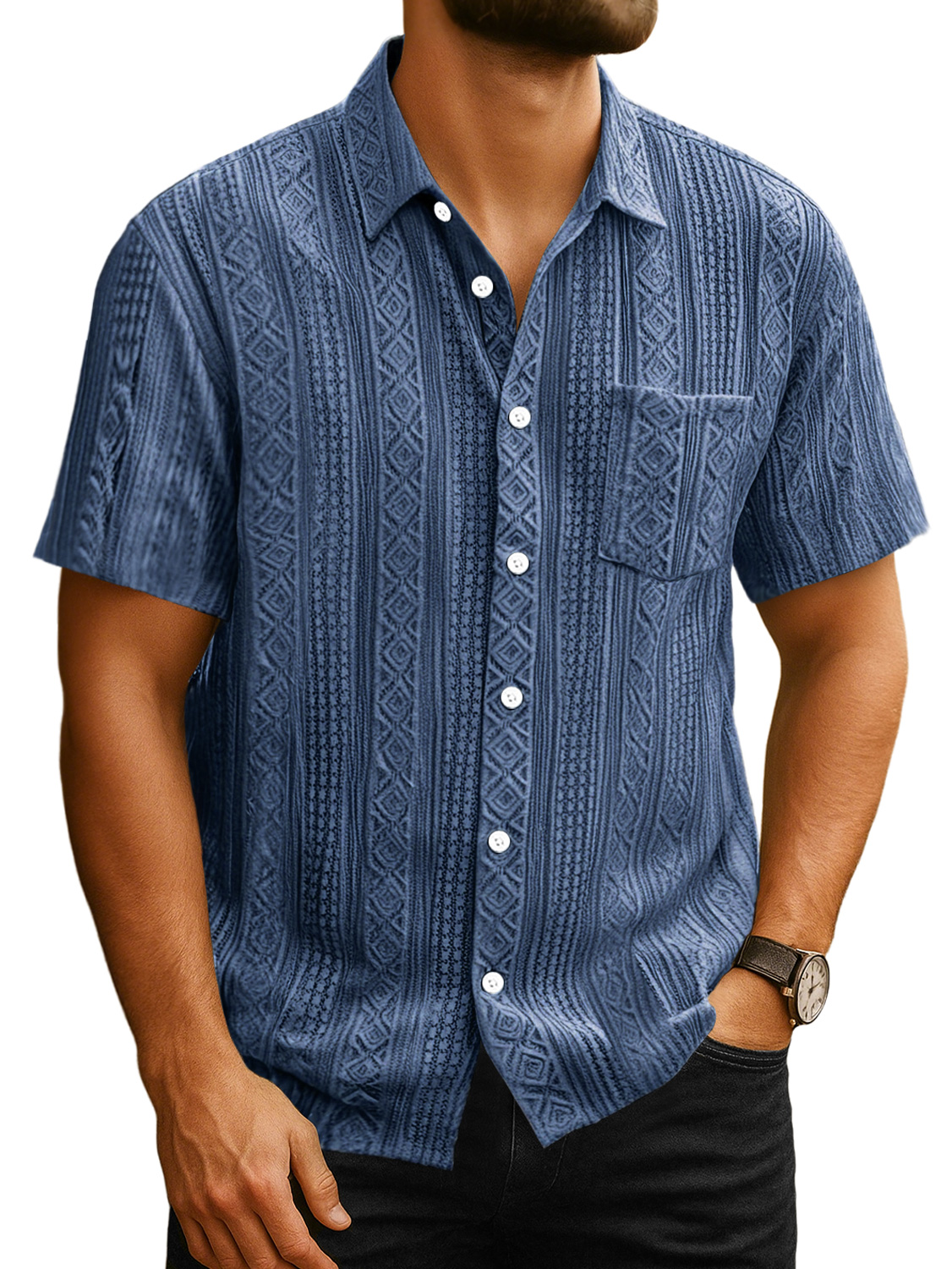 Men's Daily Casual Jacquard Texture Pocket Solid Color Short-sleeved Shirt
