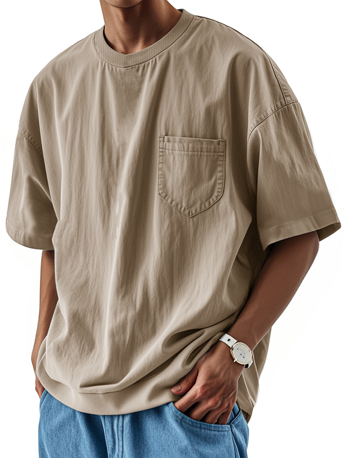 Men's Fashion Casual Retro Shirt Round Neck Pocket Short Sleeve T-Shirt