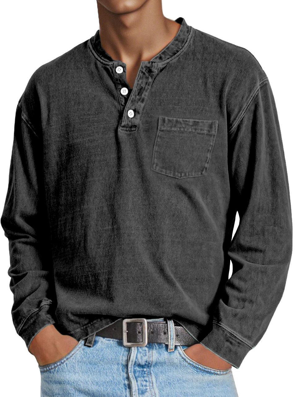 Men's Retro Casual Solid Color Long Sleeve Henley With Pockets