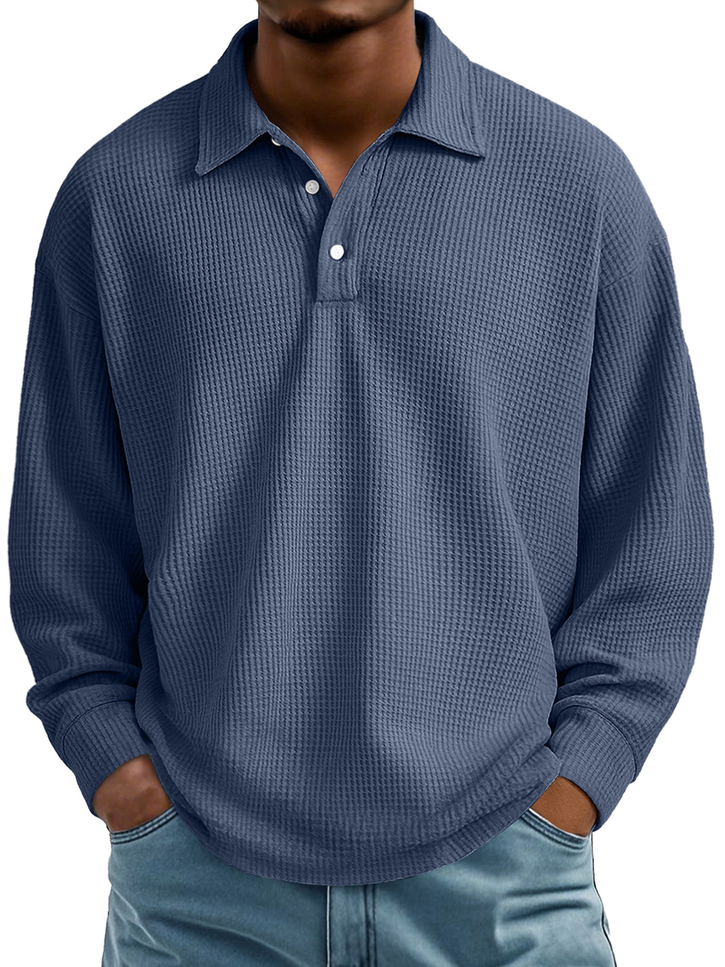 Men's Waffle Casual Lapel Button-down Long-sleeved Polo Shirt