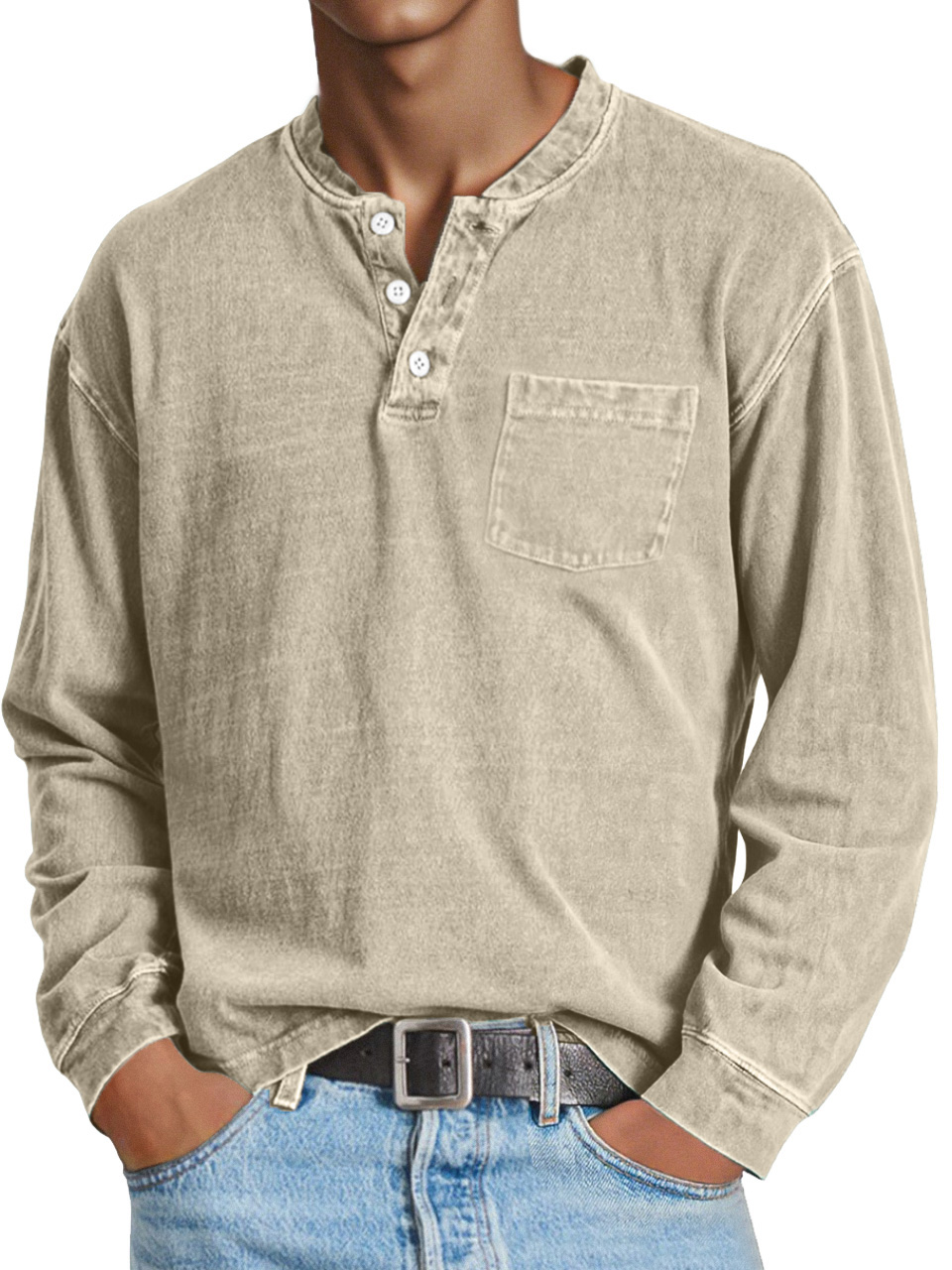Men's Retro Casual Solid Color Long Sleeve Henley With Pockets