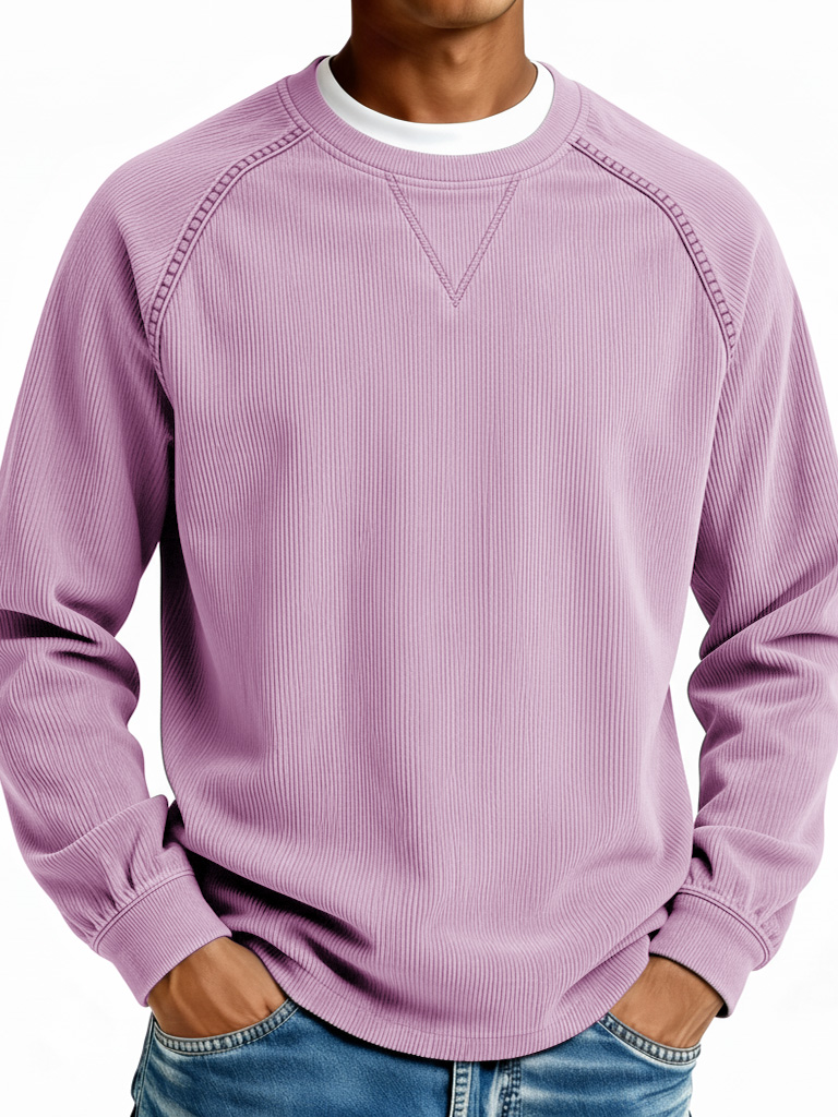 Men's Fashionable Casual Retro Ribbed Fabric Long-Sleeve Crew Neck Top
