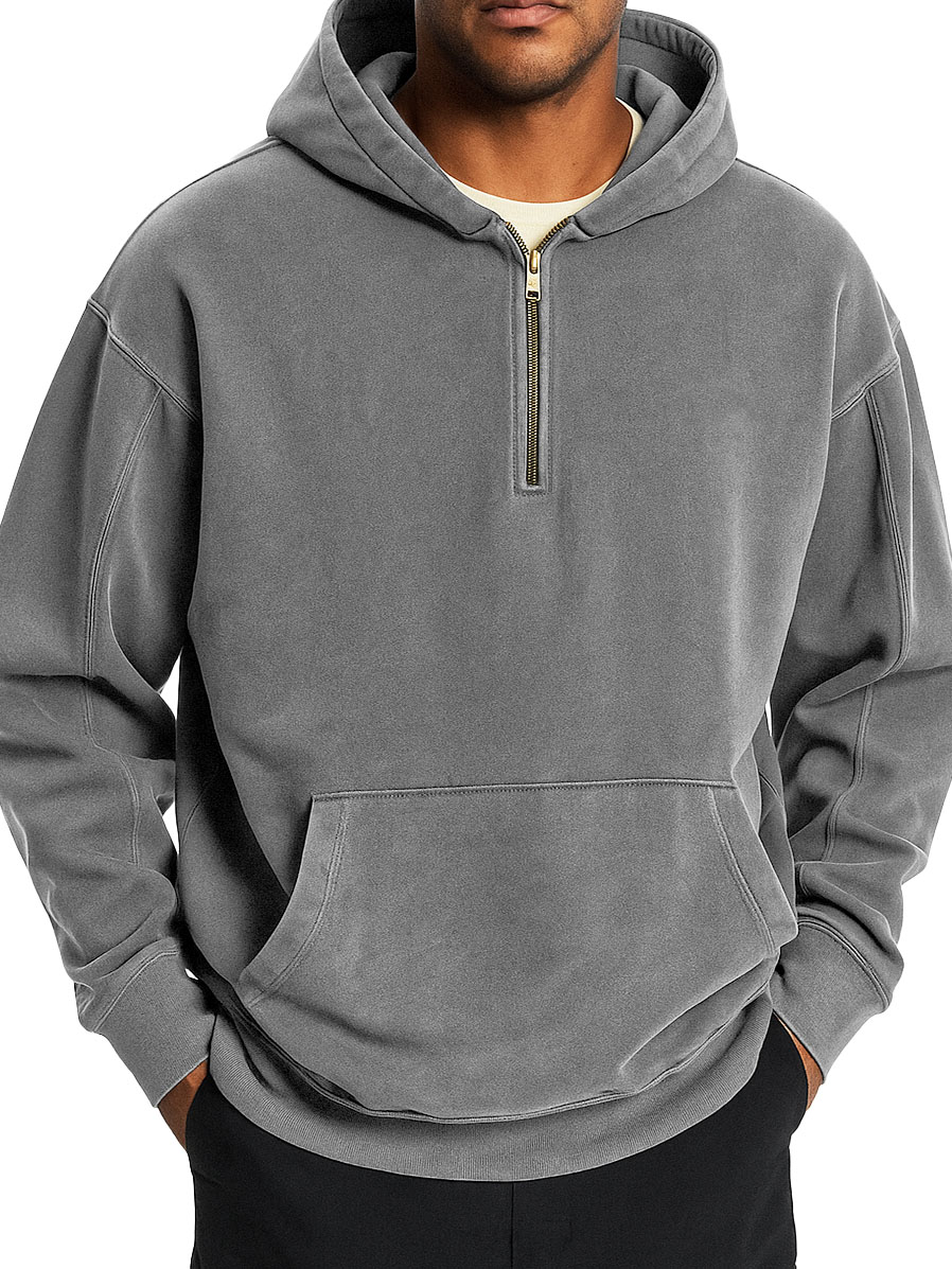  Men's Stylish Retro Distressed Half-zip Pocket Hooded Sweatshirt 