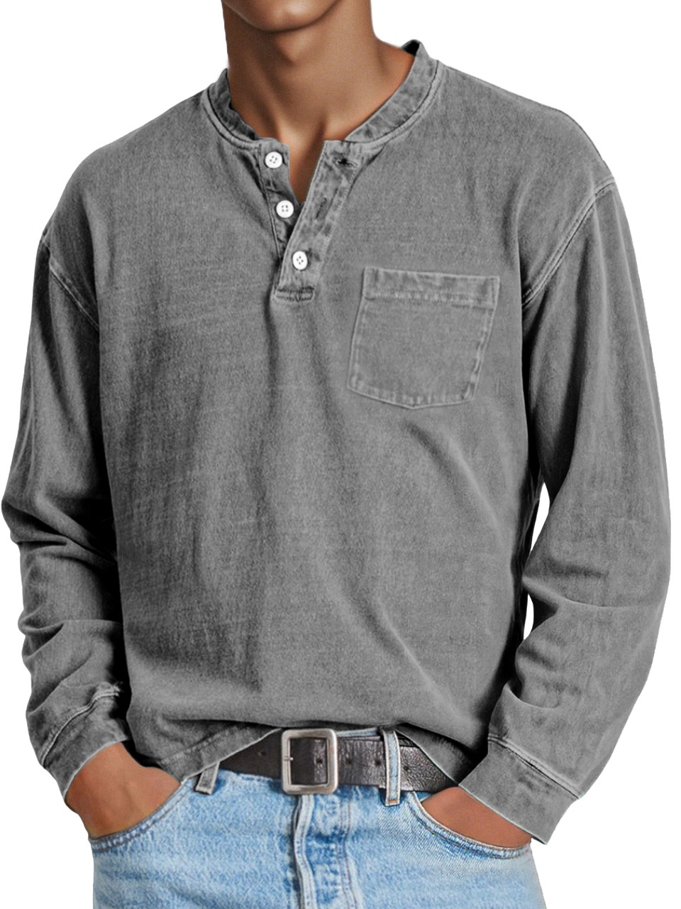 Men's Retro Casual Solid Color Long Sleeve Henley With Pockets
