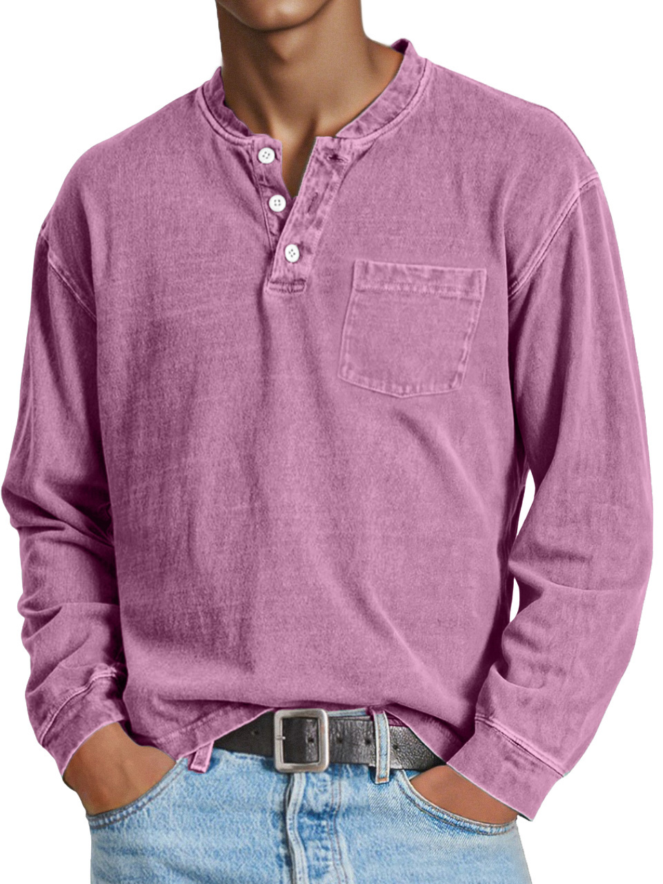 Men's Retro Casual Solid Color Long Sleeve Henley With Pockets