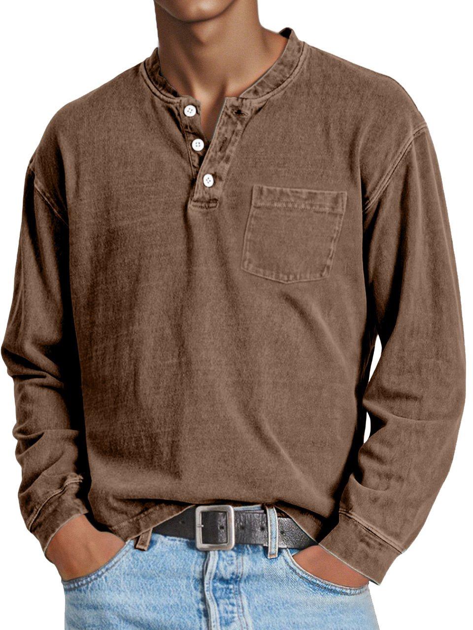 Men's Retro Casual Solid Color Long Sleeve Henley With Pockets
