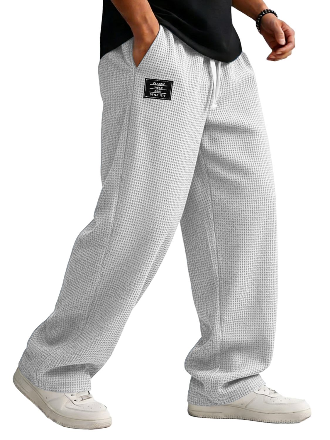 Men's Loose-fitting Waffle-knit Casual Trousers With Elastic Waistband And Embroidered Logo