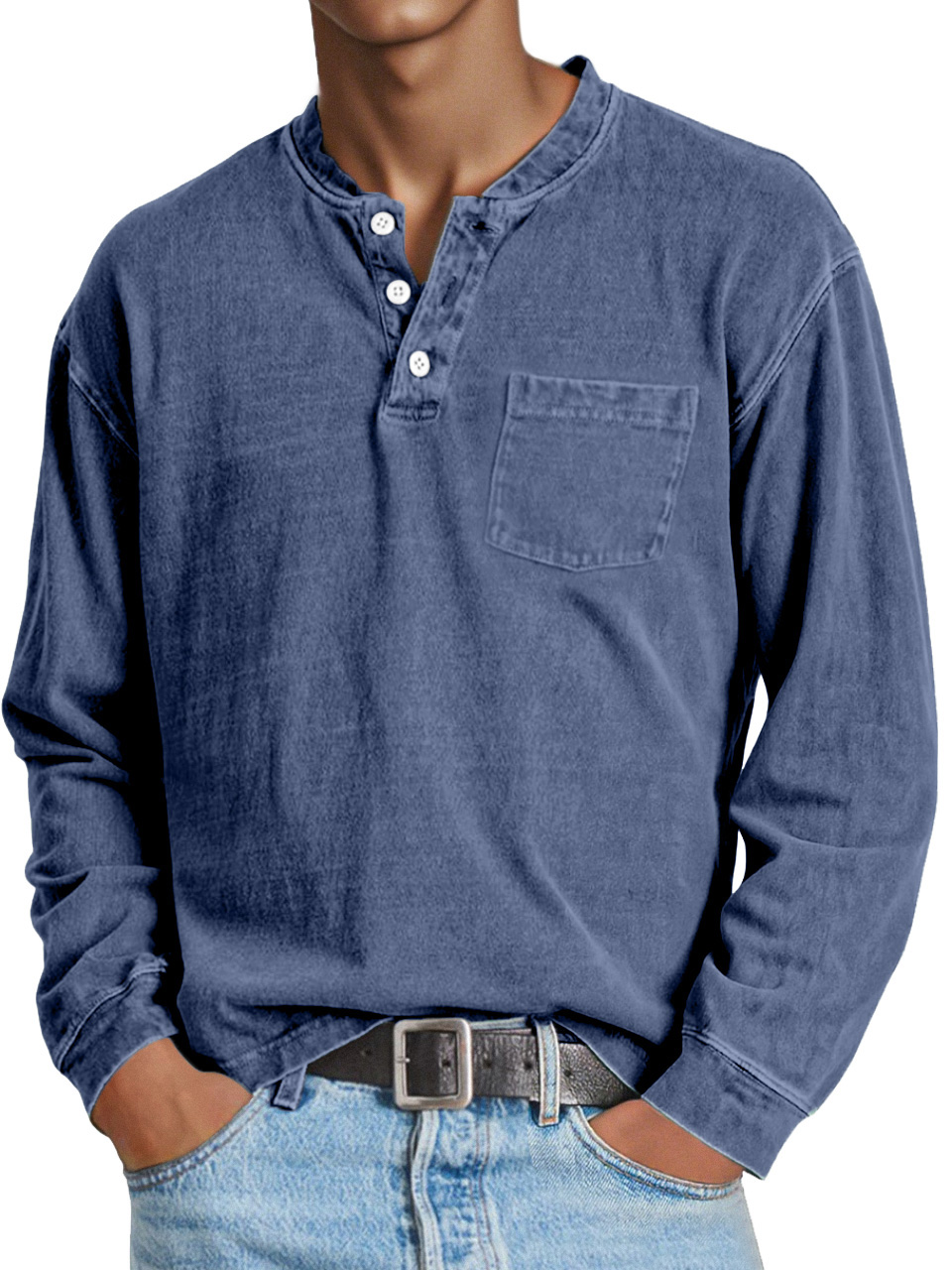 Men's Retro Casual Solid Color Long Sleeve Henley With Pockets