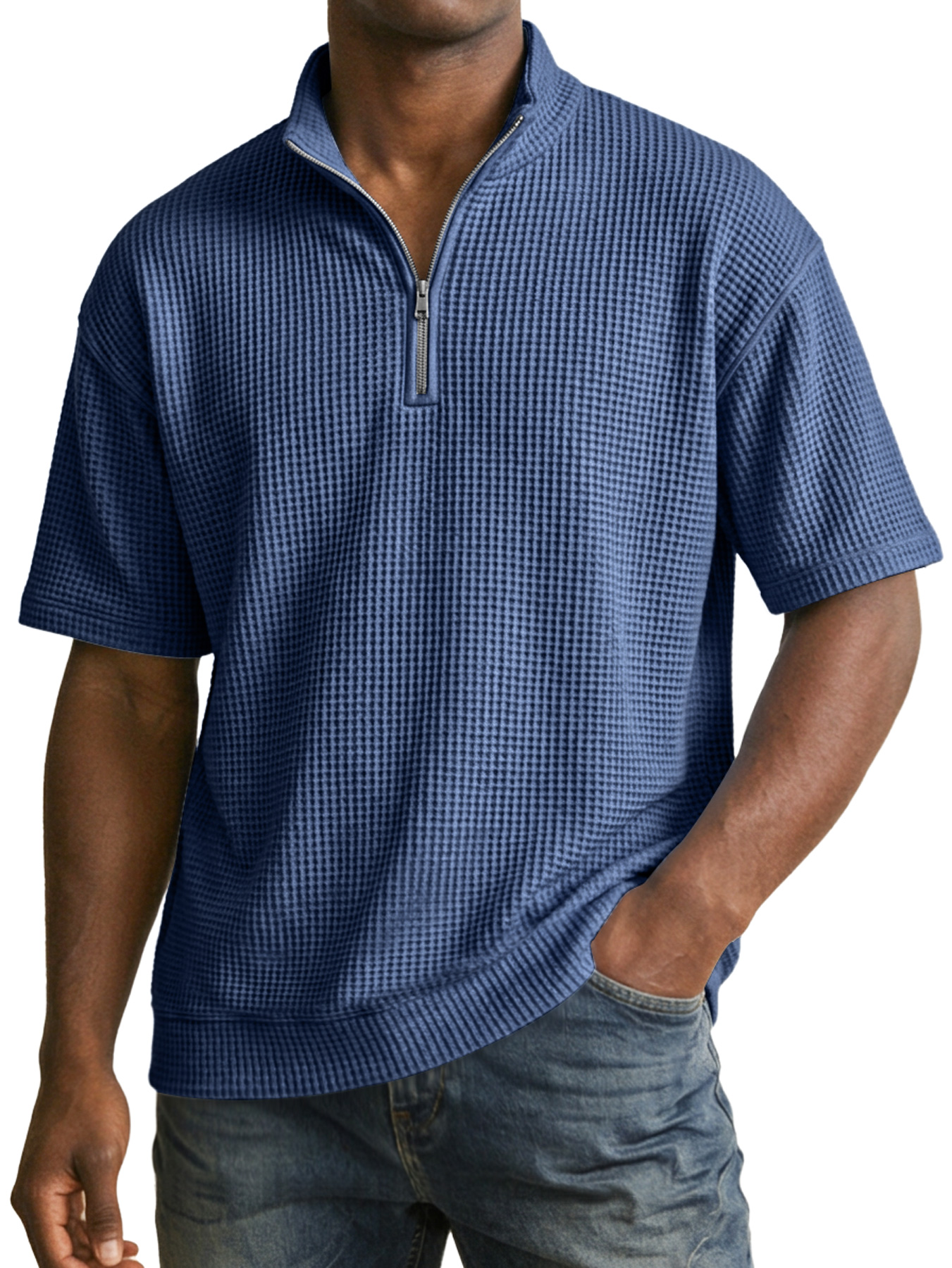 Men's Waffle Collar Zipper Casual Short-Sleeve T-Shirt